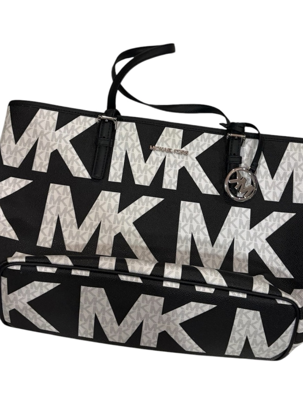 Michael Kors Black & White MK Logo Tote with Signature Charm